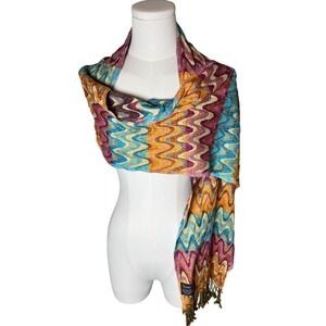 Boho Zig Zag Chevron Woven Wrap Scarf Multicolor Fringe Tolani One Size